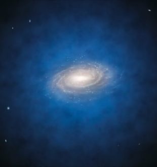 Le halo bleu qui entoure ici la Voie lactée est une vue d'artiste de la répartition de matière noire entournant notre galaxie. // Source : ESO/L. Calçada