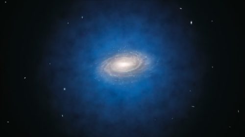 Le halo bleu qui entoure ici la Voie lactée est une vue d'artiste de la répartition de matière noire entournant notre galaxie. // Source : ESO/L. Calçada