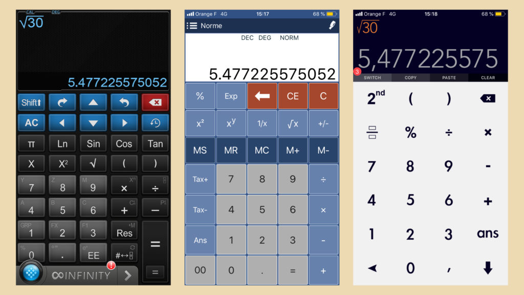 Des exemples d'app gratuites de calculatrices scientifiques. // Source : Captures d'écran Calculator #, Calc Pro et Calculatrice + sur iOS