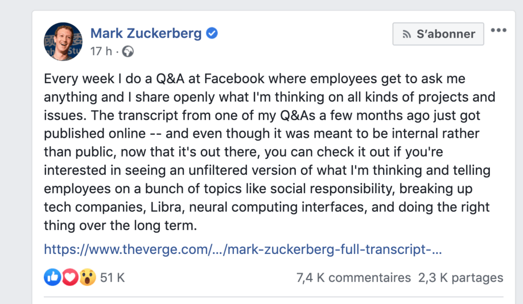 Message de Mark Zuckerberg le 1er octobre 2019 // Source : Facebook