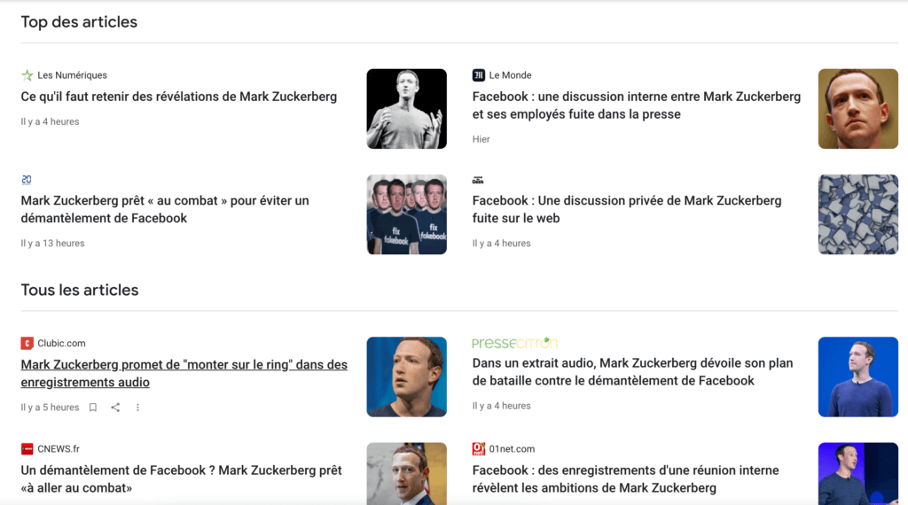 Capture d'écran de Google Actualité avec une recherche Mark Zuckerberg + "voir la couverture complète" // Source : Google News