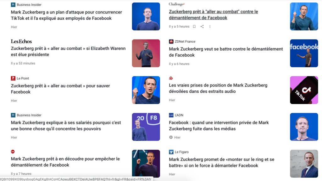 Capture d'écran de Google Actualité avec une recherche Mark Zuckerberg + "voir la couverture complète" // Source : Google News