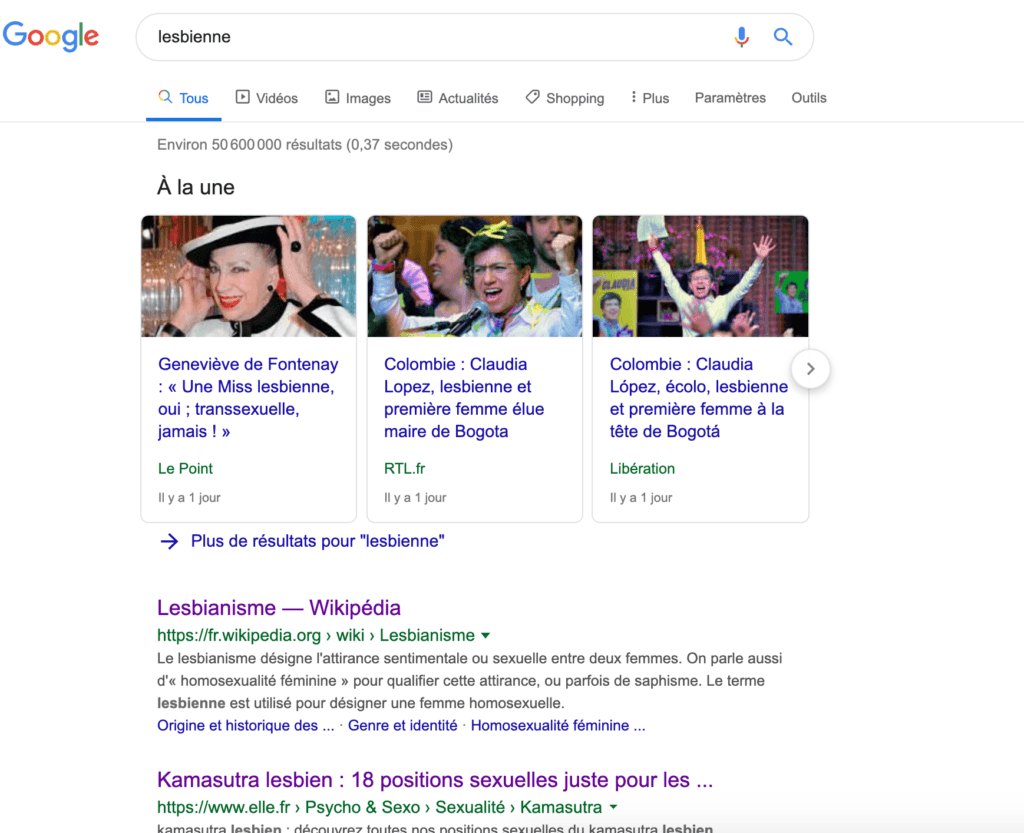 Le mot "lesbienne" dans Google le 30 octobre 2019