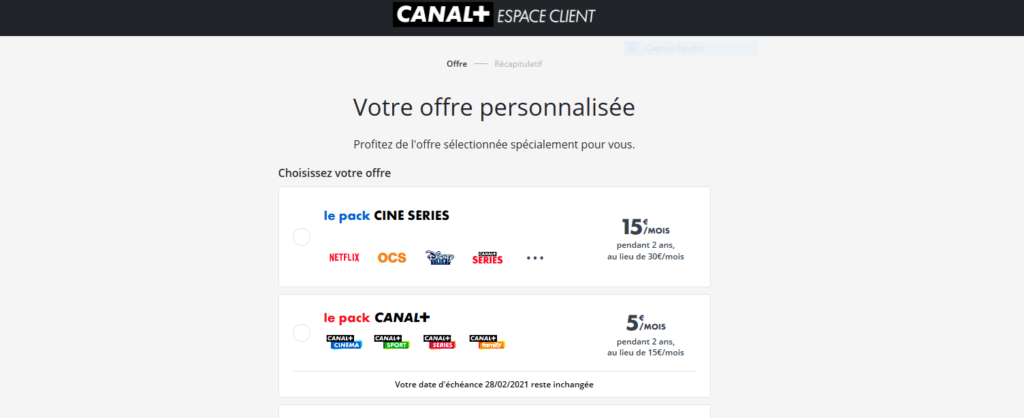 Capture de l'offre Ciné/séries lorsqu'on est déjà abonné Canal+