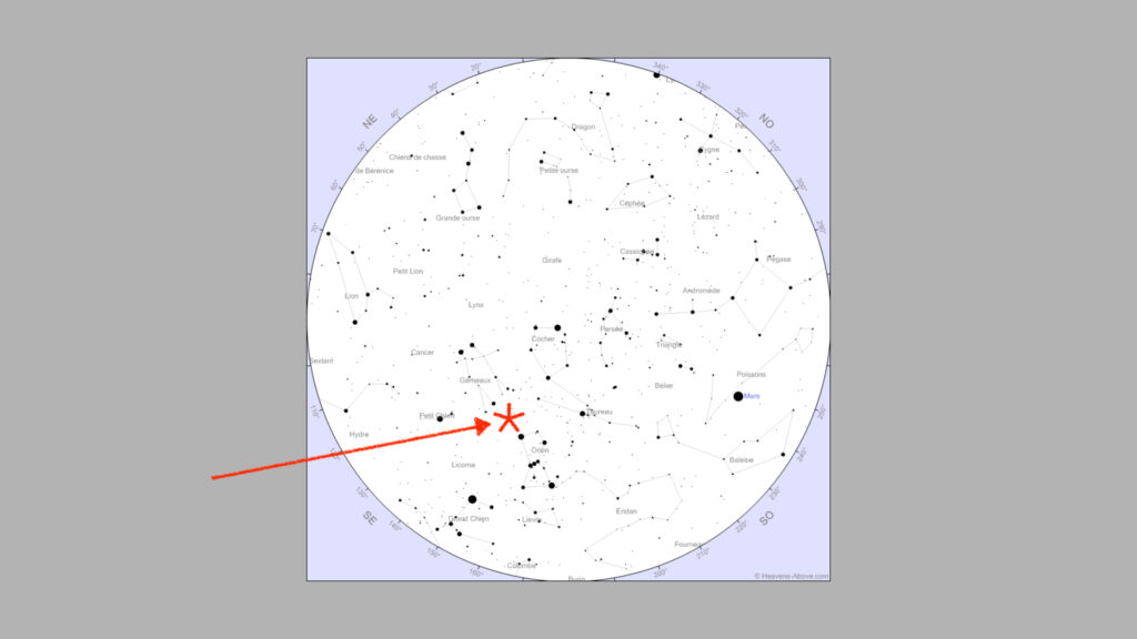 Position du radiant des Orionides. Ciel vu de Paris le 21 octobre 2020 à 4h45. // Source : Capture d'écran Heavens Above, annotations Numerama