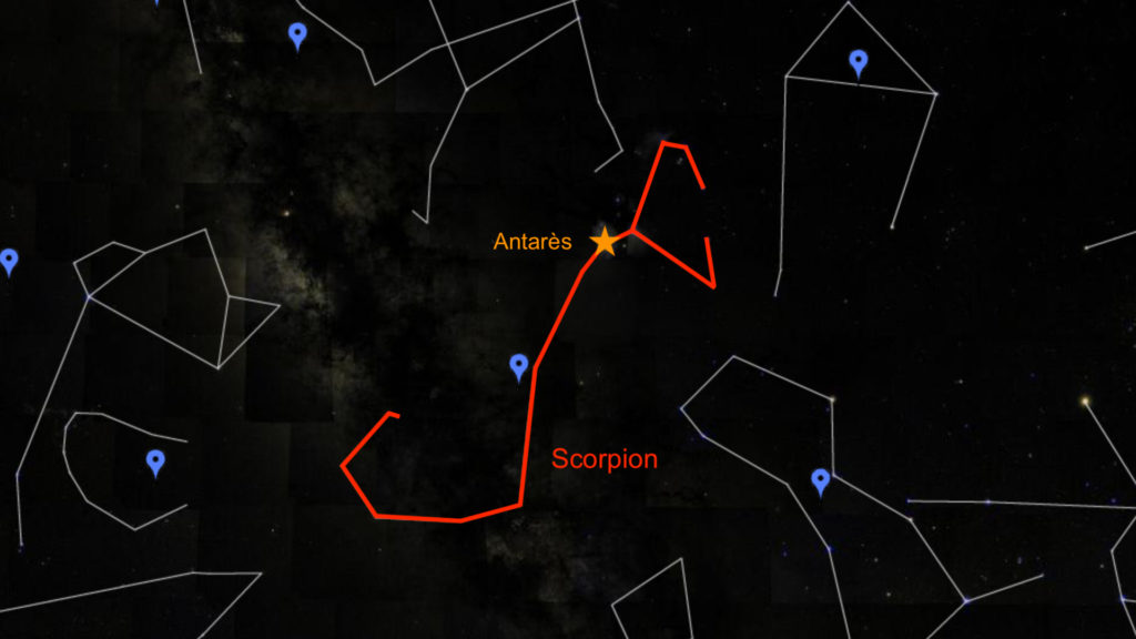 La constellation du Scorpion se repère à l'aide de son étoile Antarès. // Source : Capture d'écran Google Sky, annotations Numerama