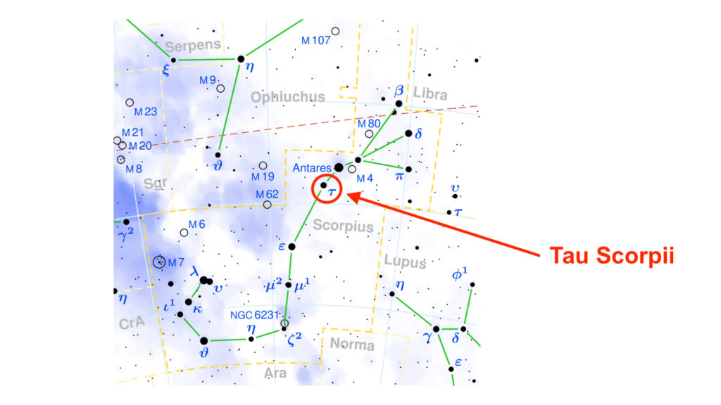 La position de l'étoile Tau Scorpii, dans la constellation du Scorpion. // Source : Wikimedia/CC/Torsten Bronger, Kxx (modifications et annotations Numerama)