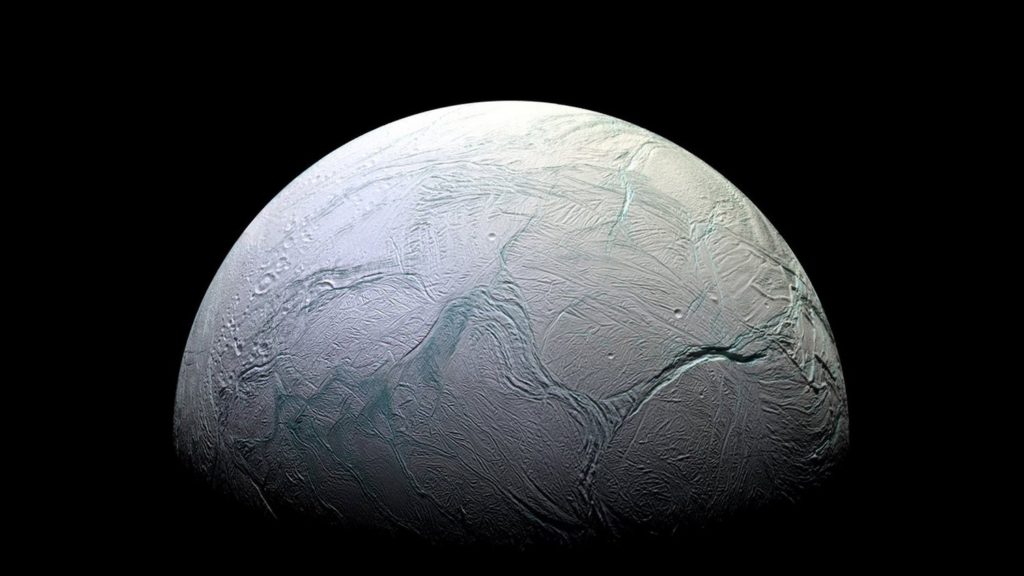 Image d'Encelade, lune de Saturne, prise par la sonde Cassini. // Source : NASA/JPL-Caltech