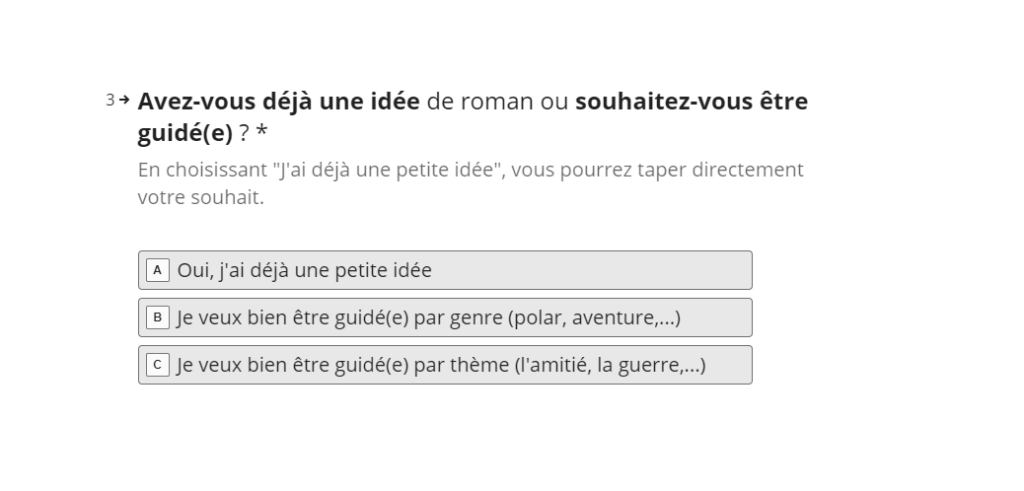 Le questionnaire d'Eurêkoi vous demande pour quel type de livre vous désirez des conseils. Le questionnaire d'Eurêkoi vous demande pour quel type de livre vous désirez des conseils.