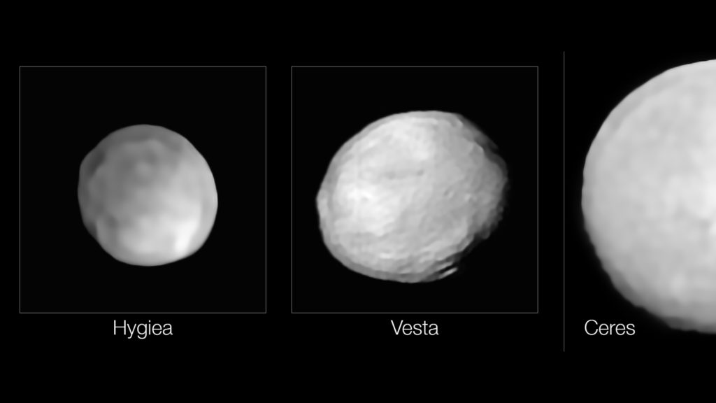 Hygiea, Vesta et Cérès. // Source : ESO/P. Vernazza et al., L. Jorda et al./MISTRAL algorithm (ONERA/CNRS) (photo recadrée)
