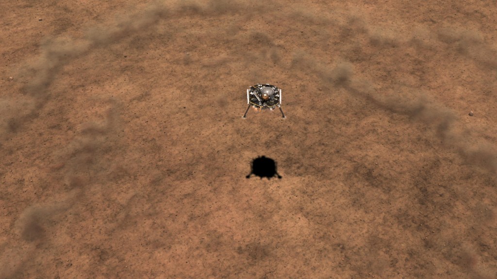 InSight en train de se poser sur Mars (vue d'artiste). // Source : NASA/JPL-Caltech (photo recadrée)