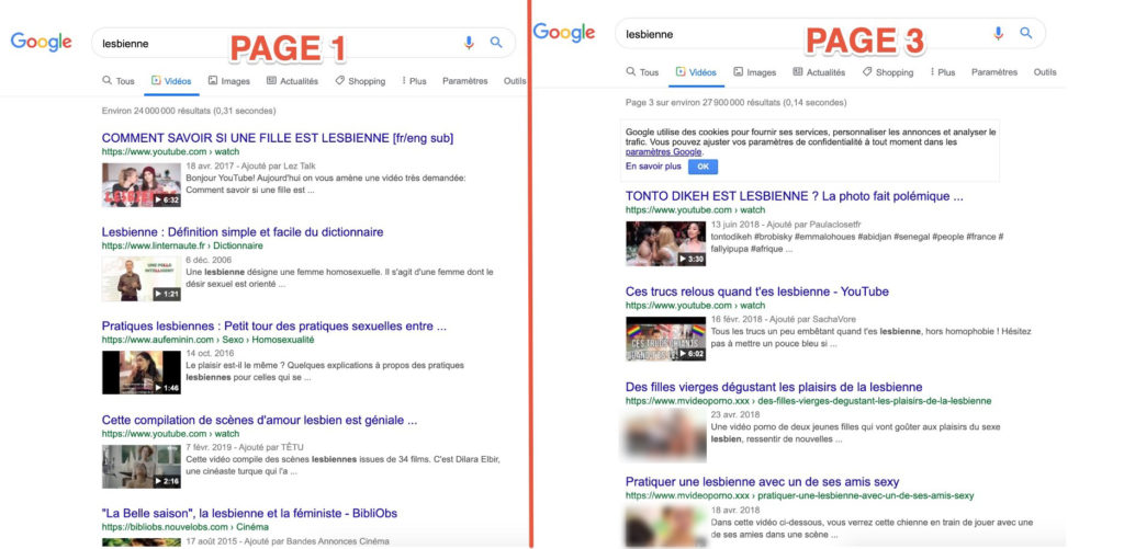 Une recherche avec le mot" lesbienne" dans l'onglet vidéo de google // Source : Capture / 30 octobre 2019