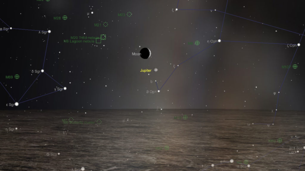 La Lune et Jupiter, vues de Paris à 19h20 le 31 octobre 2019. // Source : Capture d'écran The Sky Live