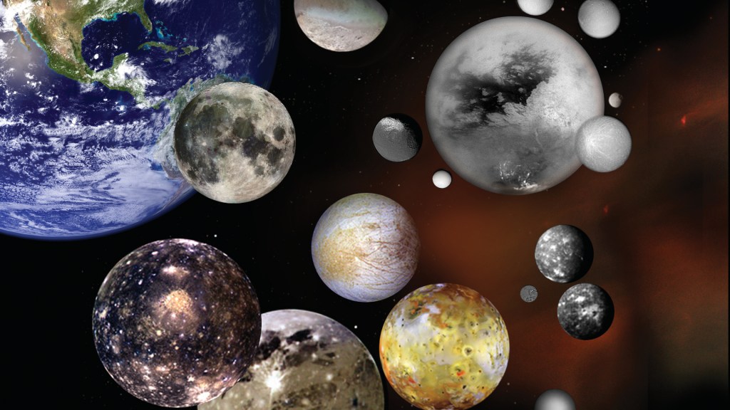 Un montage avec les lunes du système solaire, comparées à la taille de la Terre. // Source : NASA (photo recadrée)