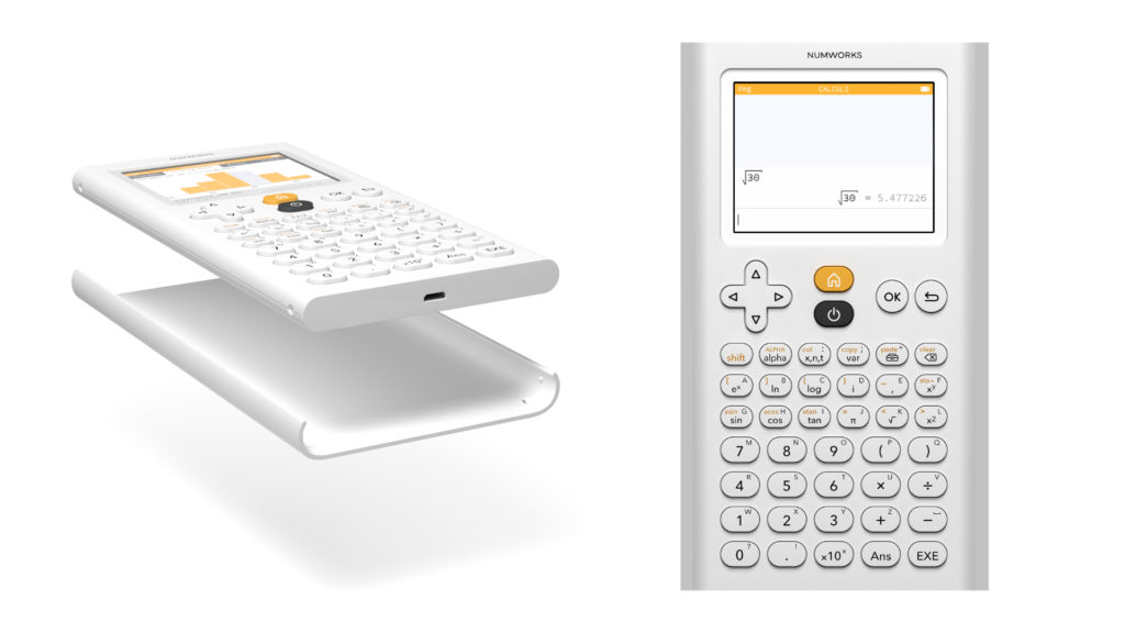 À gauche, le boîtier de la calculatrice. À droite, l'application NumWorks sous iOS. // Source : NumWorks, Capture d'écran