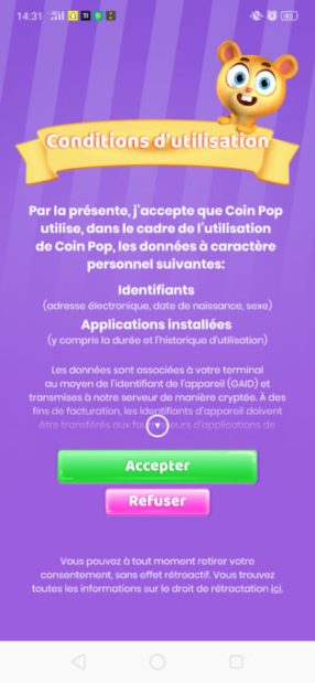 Capture d'écran de l'application Coin Pop