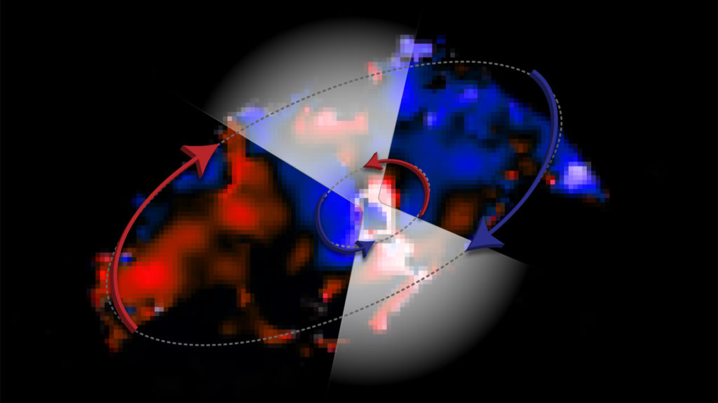 Les deux disques de gaz qui tournent dans des directions opposées autour du trou noir de NGC 1068. // Source : ALMA (ESO/NAOJ/NRAO), V. Impellizzeri; NRAO/AUI/NSF, S. Dagnello (photo recadrée)