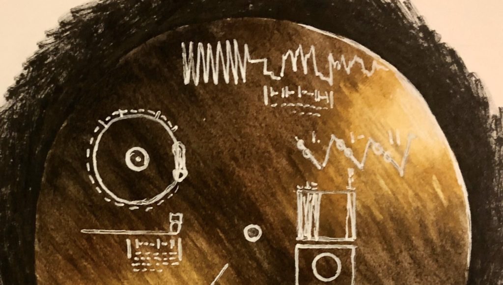 Dessin publié sur le compte Twitter de Sarah Noble à l'occasion d'Inktober 2019. C'est une représentation du disque musical envoyé sur les sondes spatiales Voyager. // Source : @IntrplnetSarah