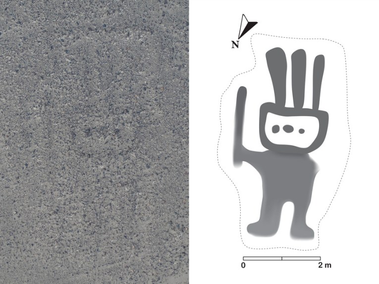 L'intelligence artificielle a détecté un géoglyphe à partir des faibles traces visibles sur l'image de gauche. // Source : Yamagata University 