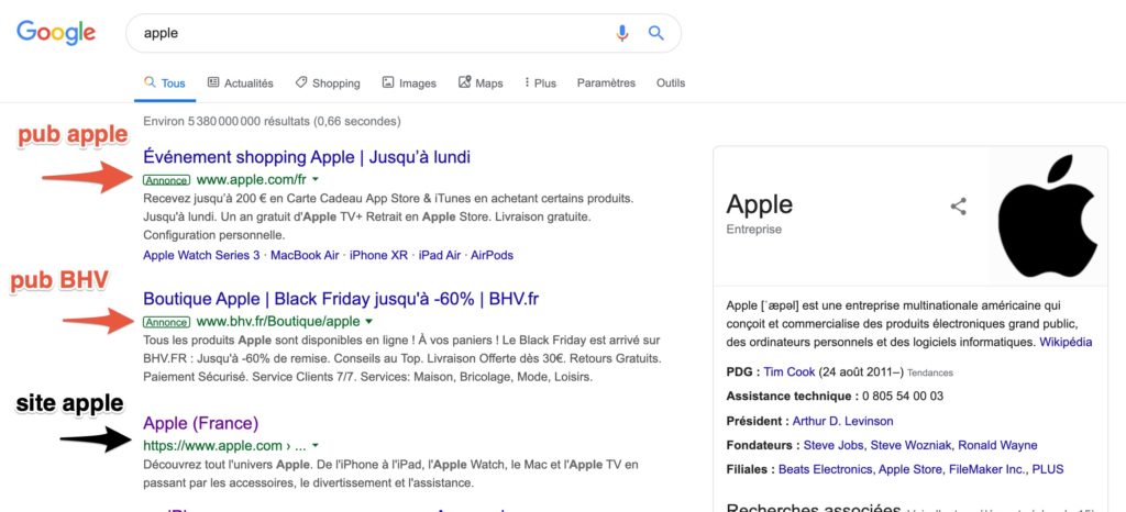 Une recherche "Apple" sur Google FR le 29 novembre 2019