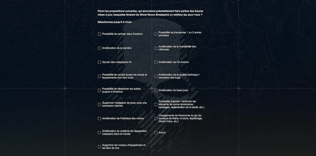 Sondage Ghost Recon Breakpoint // Source : Ubisoft Sondage Ghost Recon Breakpoint // Source : Ubisoft