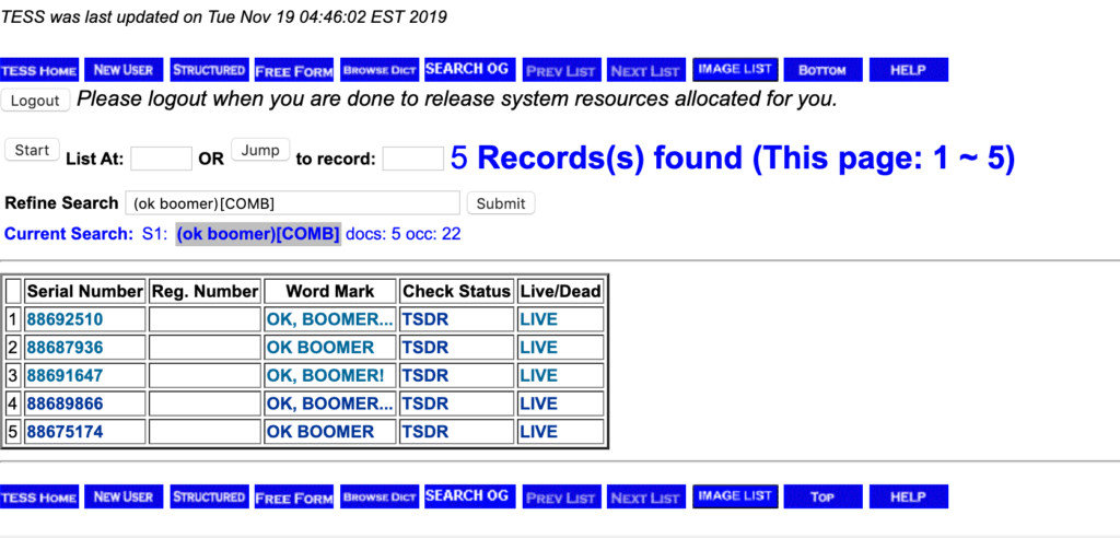 Les marques "ok boomer" en attente de validation // Source : Trademark Electronic Search System (TESS)