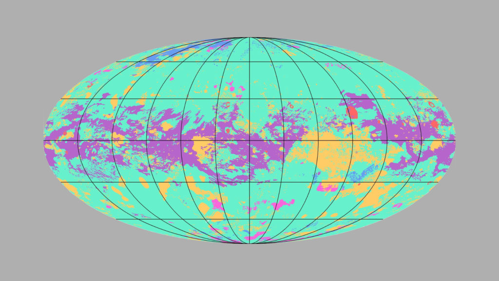 La carte géologique de Titan, la plus grande lune de Saturne. // Source : NASA/JPL-Caltech/ASU (photo recadrée et modifiée)