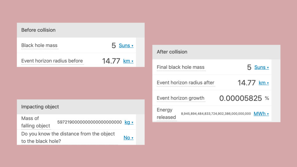 Les conséquences entre la rencontre d'un trou noir et un objet de la masse de la Terre. // Source : Capture d'écran Omni Calculator, montage Numerama