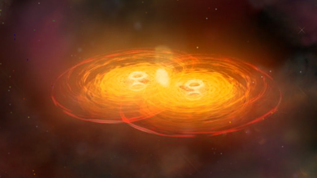 Une collision entre deux trous noirs supermassifs. // Source : Wikimedia/CC/NASA/CXC/A.Hobart (photo recadrée et modifiée)