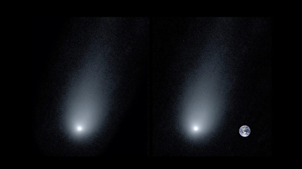 La nouvelle image de la comète Borisov et un montage pour comparer sa taille à celle de la Terre. // Source : Pieter van Dokkum, Cheng-Han Hsieh, Shany Danieli, Gregory Laughlin (image recadrée et modifiée)