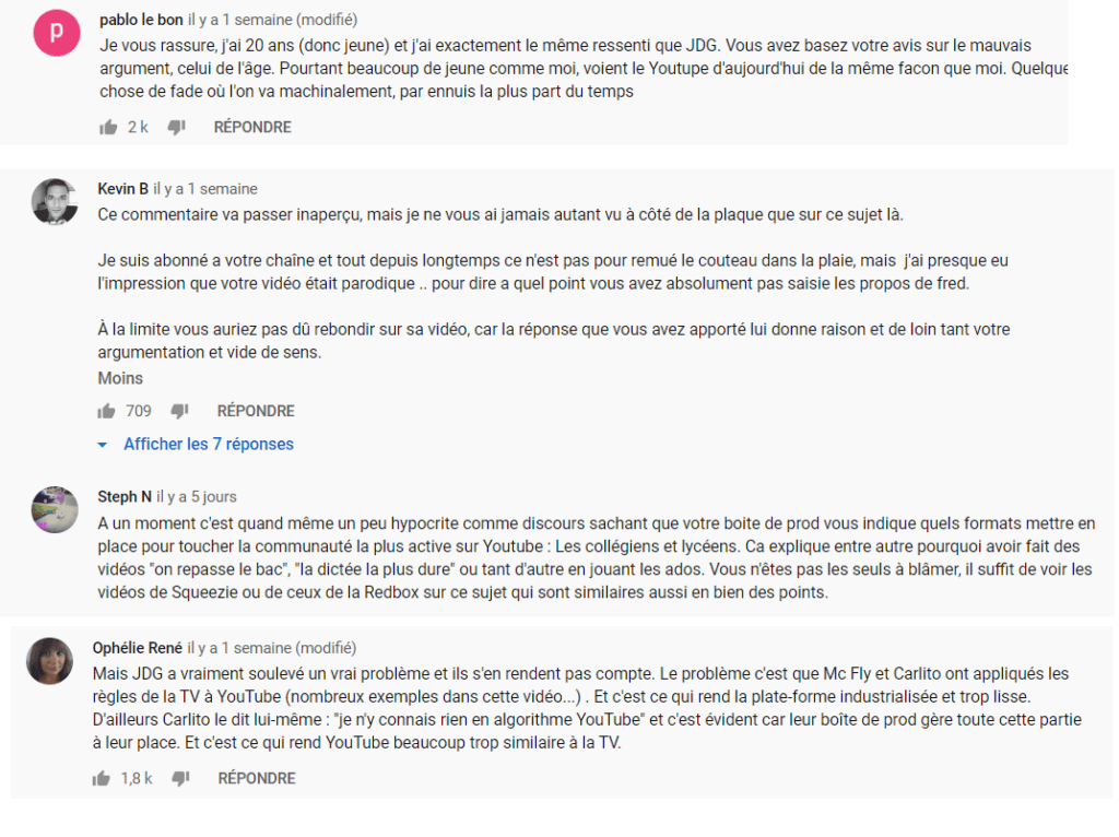 Des commentaires publiés sous la vidéo de McFly et Carlito. // Source : Capture d'écran YouTube