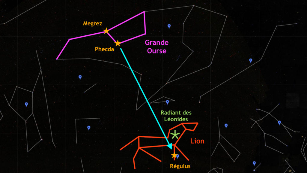 Une astuce pour trouver la constellation du Lion. // Source : Capture d'écran Google Sky, annotations Numerama