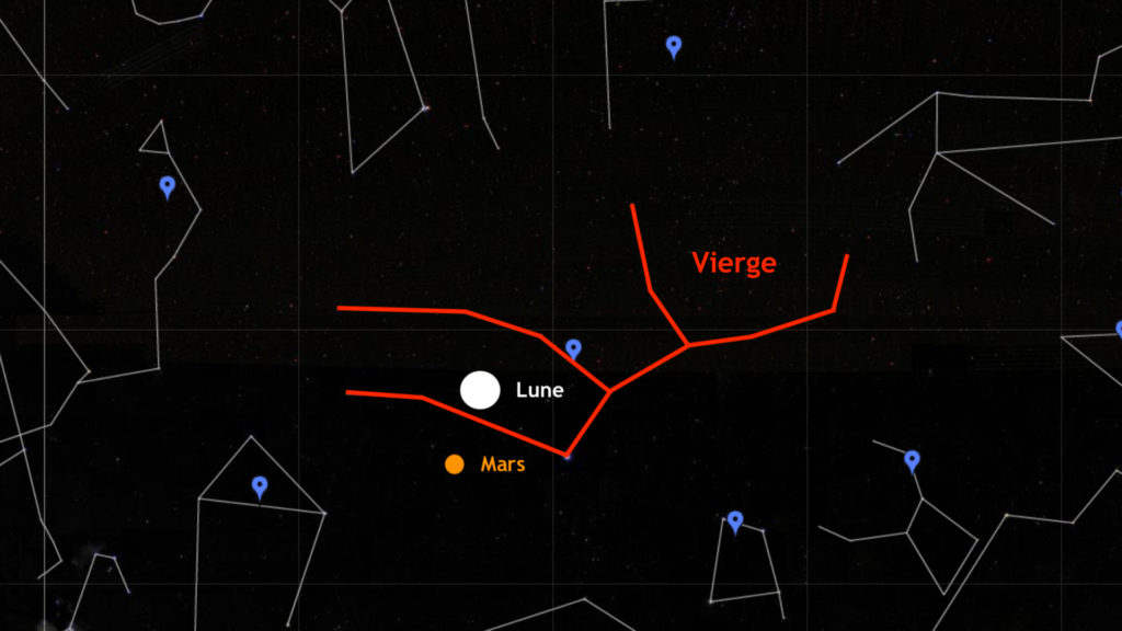 La rencontre aura lieu dans la constellation de la Vierge. // Source : Capture d'écran Google Sky, annotations Numerama
