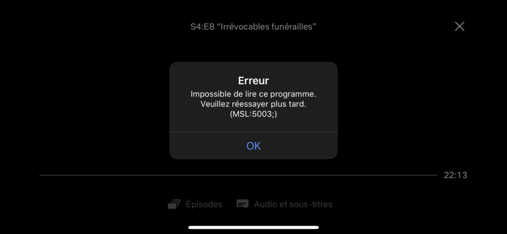 Le message d'erreur sur Netflix ce 21 novembre 2019