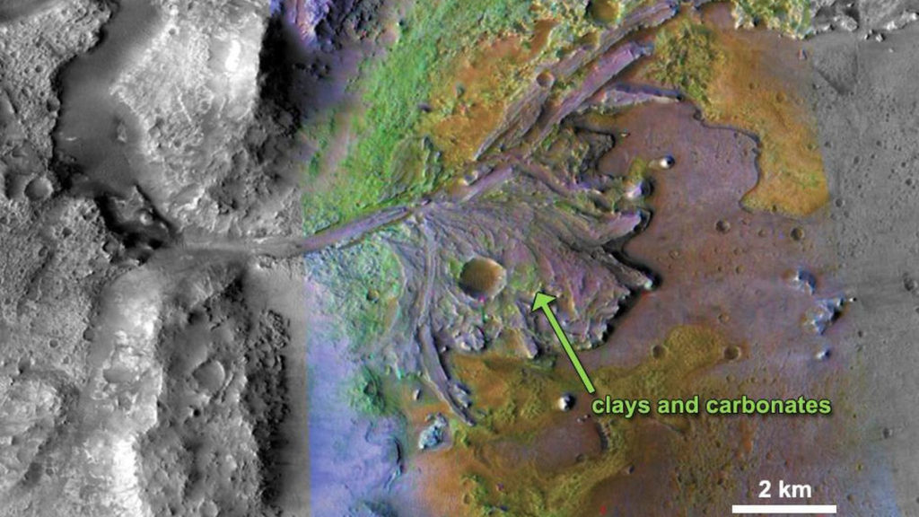 Les sédiments contenant de l'argile et des carbonates, dans le cratère Jezero. // Source : NASA/JPL-Caltech/MSSS/JHU-APL