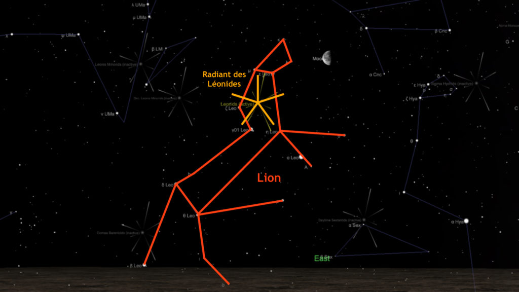 Le radiant des Léonides, vu de Paris le 19 novembre à 1h30. // Source : Capture d'écran The Sky Live, annotations Numerama