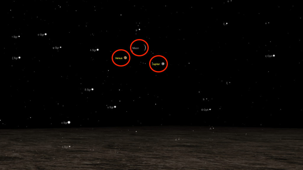 Vénus, la Lune et Jupiter vues de Paris le 28 novembre 2019, à 17h30. // Source : Capture d'écran The Sky Live, annotations Numerama