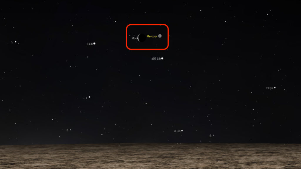 La Lune et Mercure le 25 novembre 2019 à 7h50, vues de Paris. // Source : Capture d'écran The Sky Live, annotations Numerama
