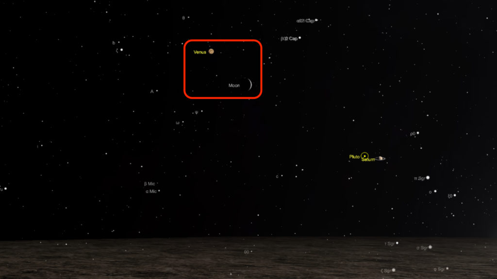 La Lune et Vénus le 28 décembre 2019 à 17h20, vues de Paris. // Source : Capture d'écran The Sky Live, annotations Numerama