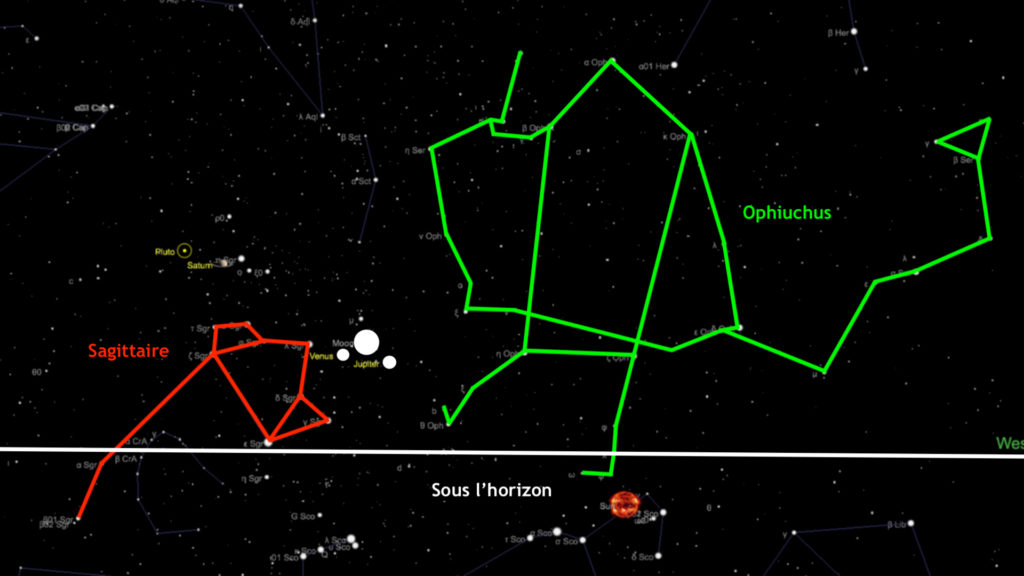 Les constellations autour de cette belle rencontre. // Source : Capture d'écran The Sky Live, annotations Numerama