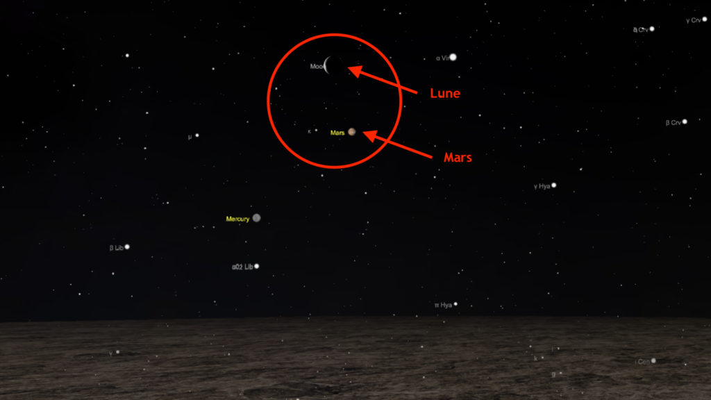Mars et la Lune, vues de Paris le 24 novembre 2019 à 7h. // Source : Capture d'écran The Sky Live, annotations Numerama