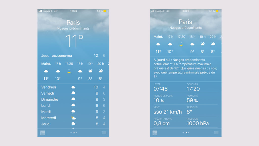 Ces prévisions météorologiques seront-elles fiables ? // Source : Capture d'écran app Météo sur iOS, faite le 7 novembre 2019