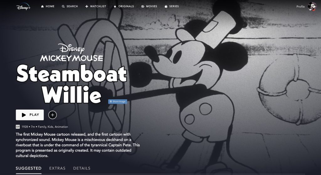 Capture Disney+ du court métrage Steamboat Willie