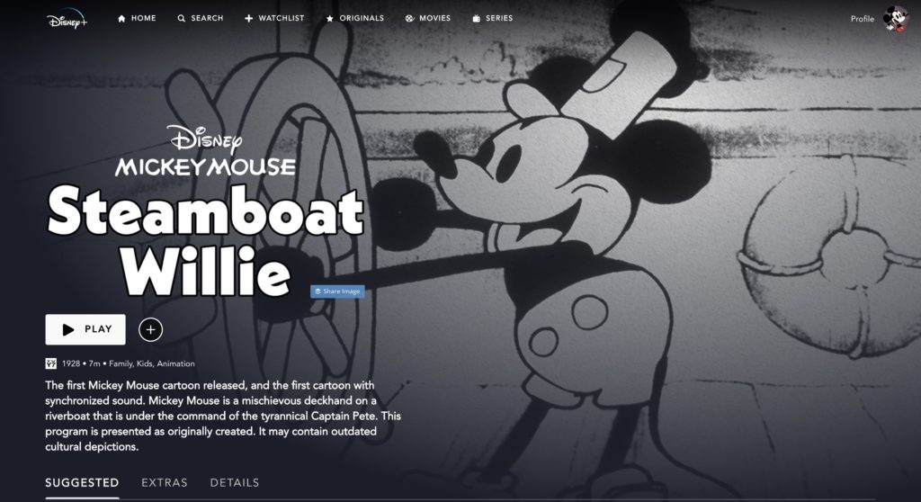 Capture Disney+ du court métrage Steamboat Willie Capture Disney+ du court métrage Steamboat Willie