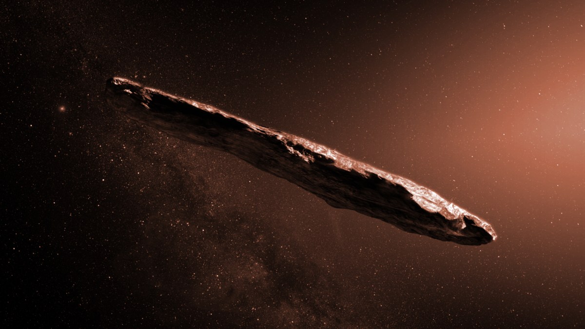 Oumuamua, le premier visiteur interstellaire connu. // Source : ESO/M. Kornmesser (photo recardée et modifiée)