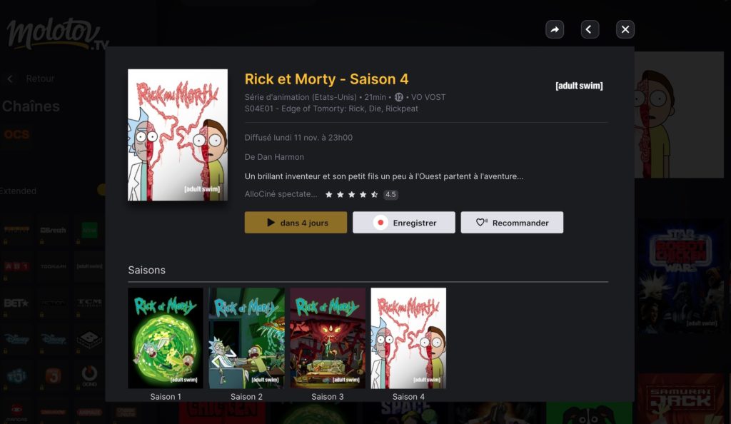 Rick and Morty saison 4 sur Molotov // Source : Capture d'écran Molotov Rick and Morty saison 4 sur Molotov // Source : Capture d'écran Molotov