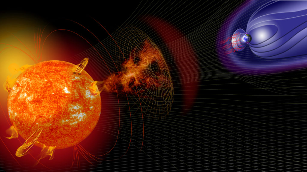 Une représentation d'une tempête solaire et de ses effets sur la Terre. // Source : Wikimedia/CC/Nasa (photo recadrée)