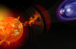 Une représentation d'une tempête solaire et de ses effets sur la Terre. // Source : Wikimedia/CC/Nasa (photo recadrée)