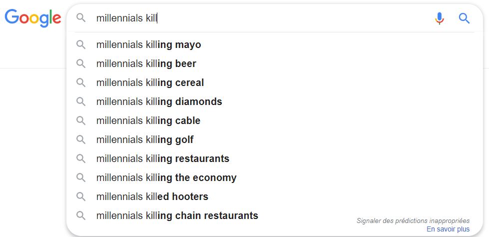 Les choses que les millennials ont tué selon Google. // Source : Capture d'écran Google