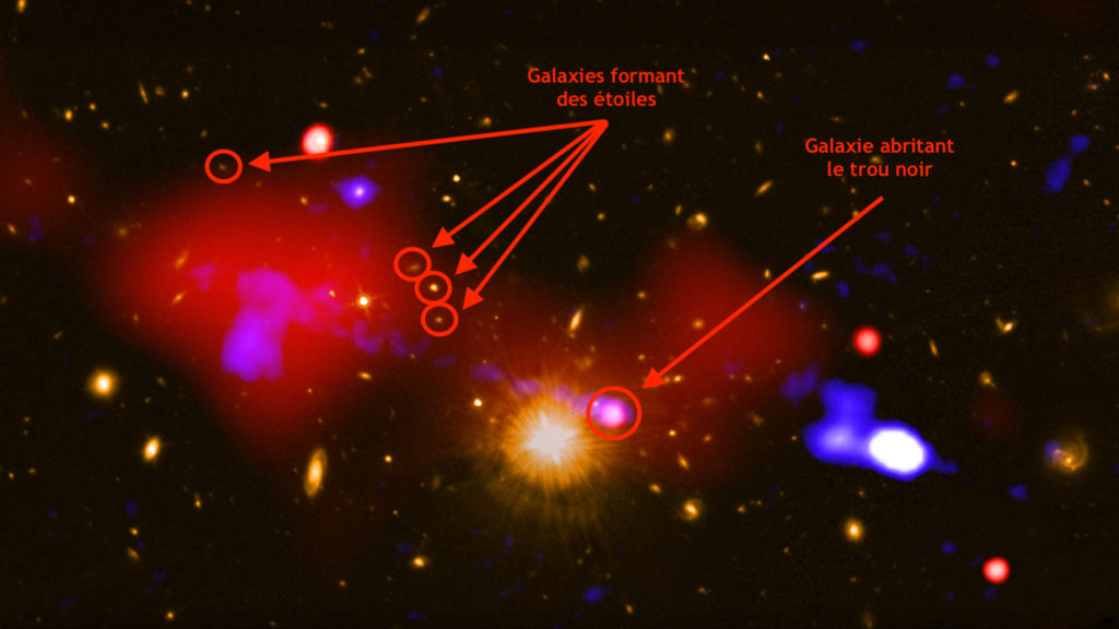 Le trou noir et les galaxies où la formation d'étoiles est favorisée. // Source : X-ray: NASA/CXC/INAF/R. Gilli et al.; Radio NRAO/VLA; Optical: NASA/STScI (photo recadrée et annotée)